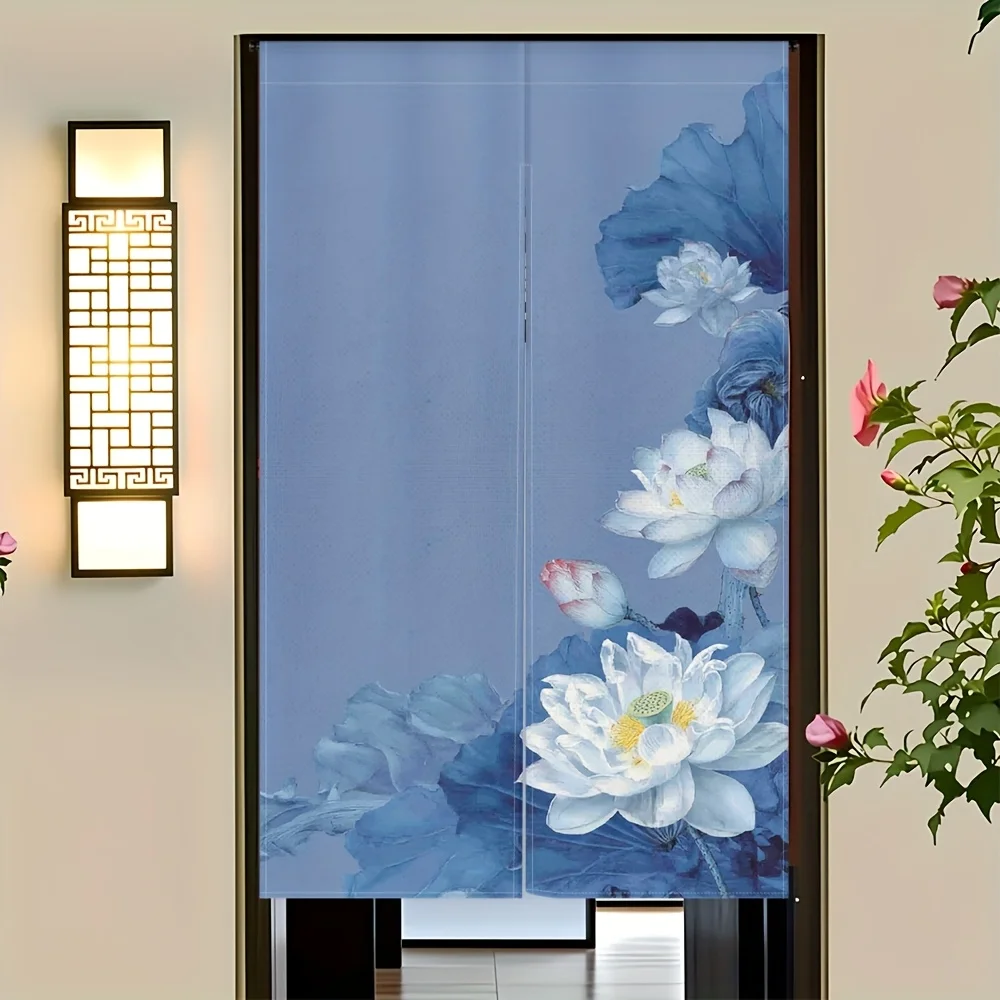 Ink Lotus Noren Curtain – Blue & White Floral Art, Rod Pocket Top, Semi-Translucent, for Entryway or Tea Room Decor