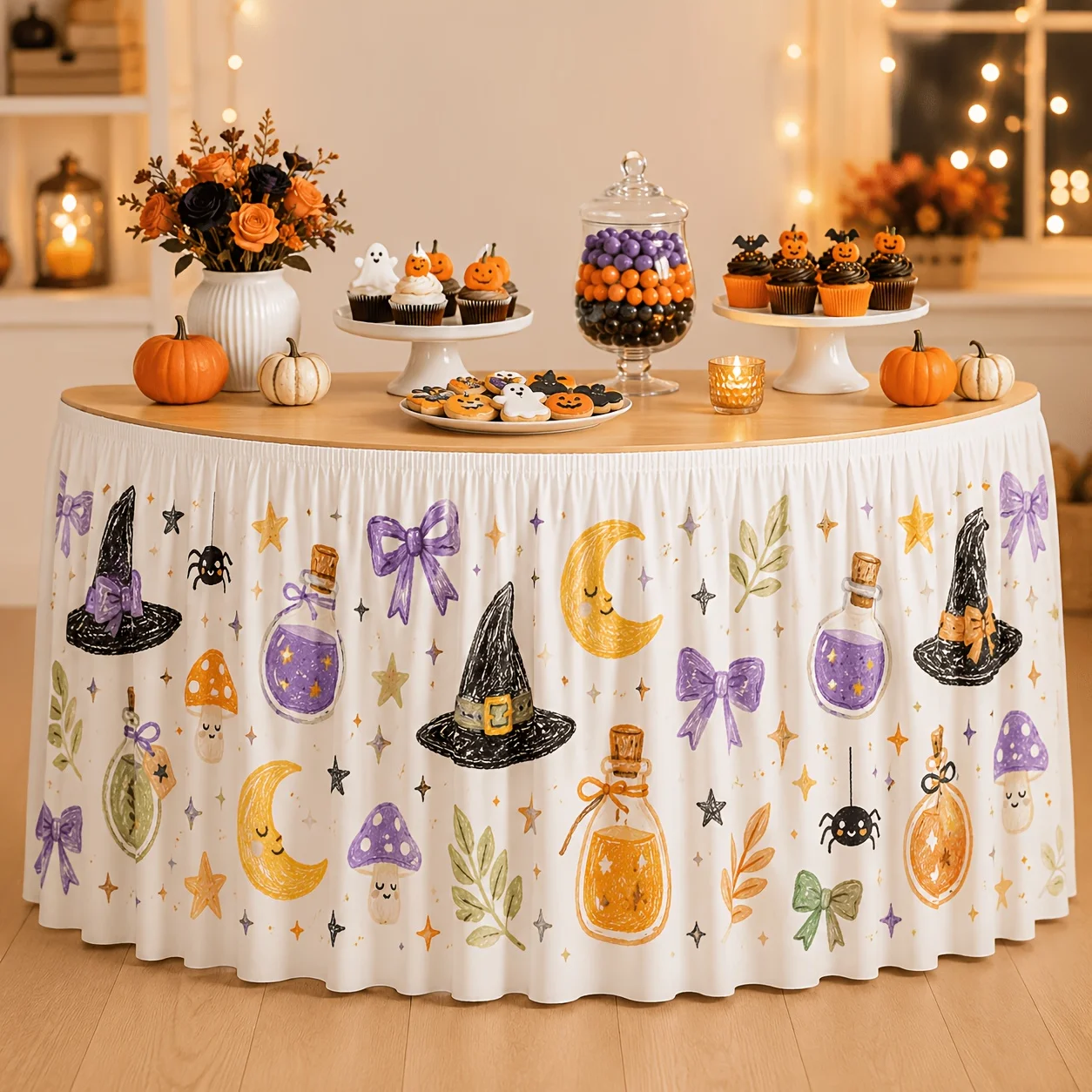 1 tablecloth table skirt, cute witch Halloween table skirt, textured pencil witch hat, magic potion bow.