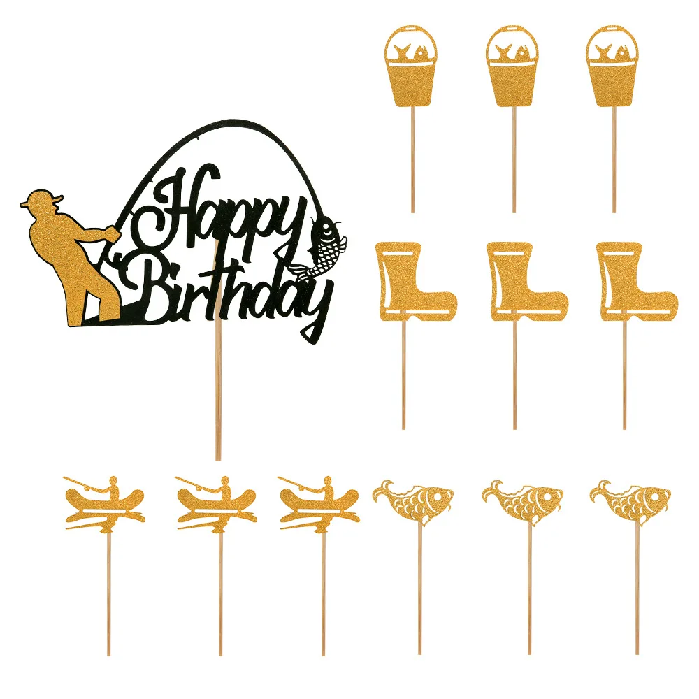 الصيد عيد ميلاد سعيد كعكة توبر الرياضة لهم حفلة استحمام الطفل الذهب الأسود الصياد الأسماك قطاعات الكيك ديكور لوازم الخبز
