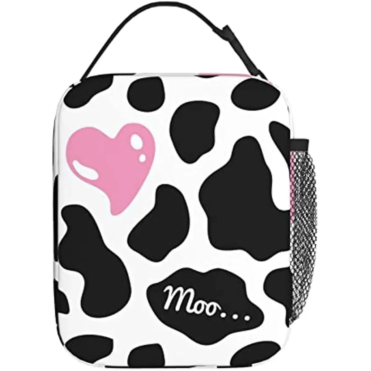 Black White Cow Print Pink Heart Cute Love Portable Lunch Bag Insulated Lunch Box Reusable Cooler Totes for Women Men Adults Kid