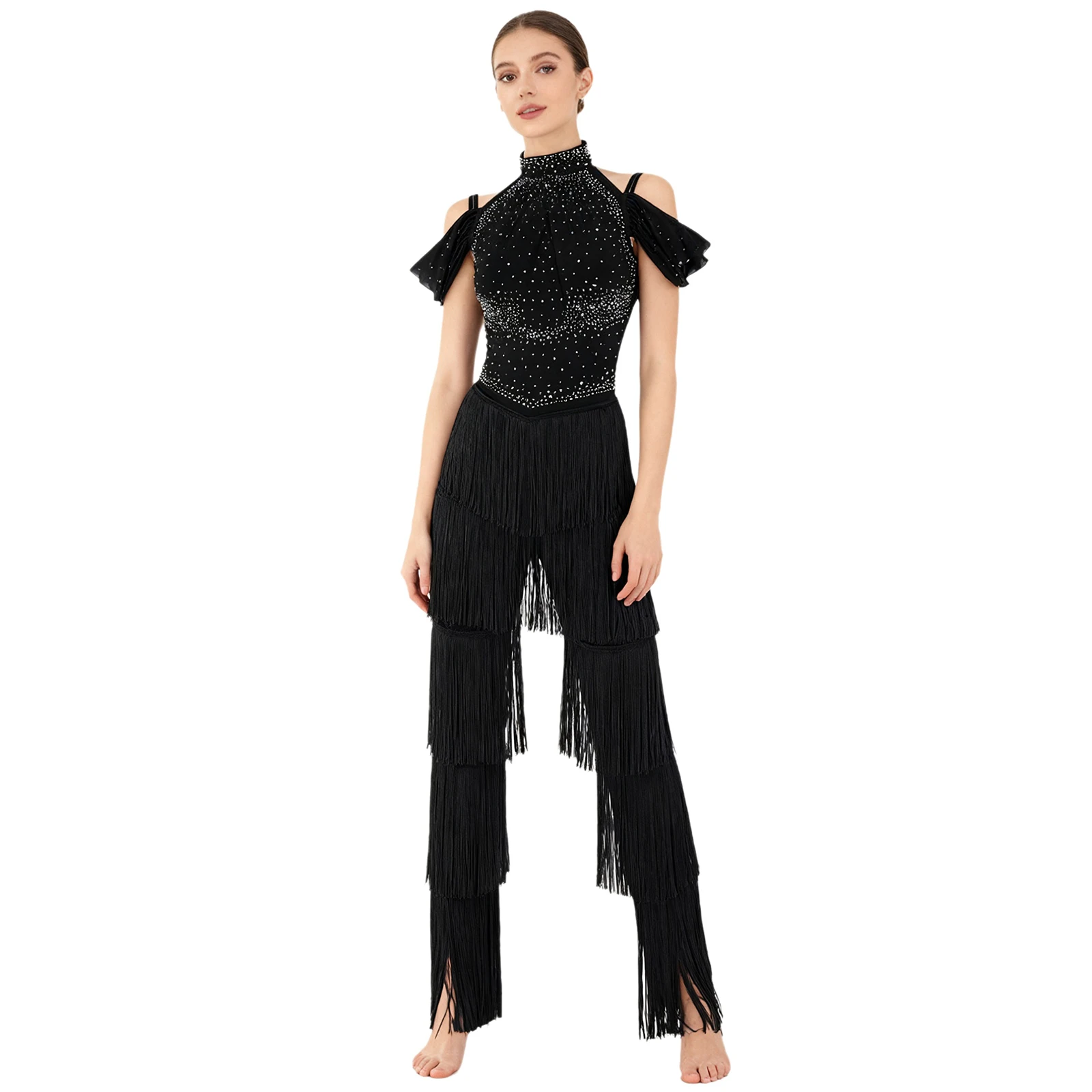Womens Chacha Tassel Jumpsuit Adults Fringed Latin Dance Costume for Tango Samba Rumba Salsa BallroomDance Perfomance Bodysuit