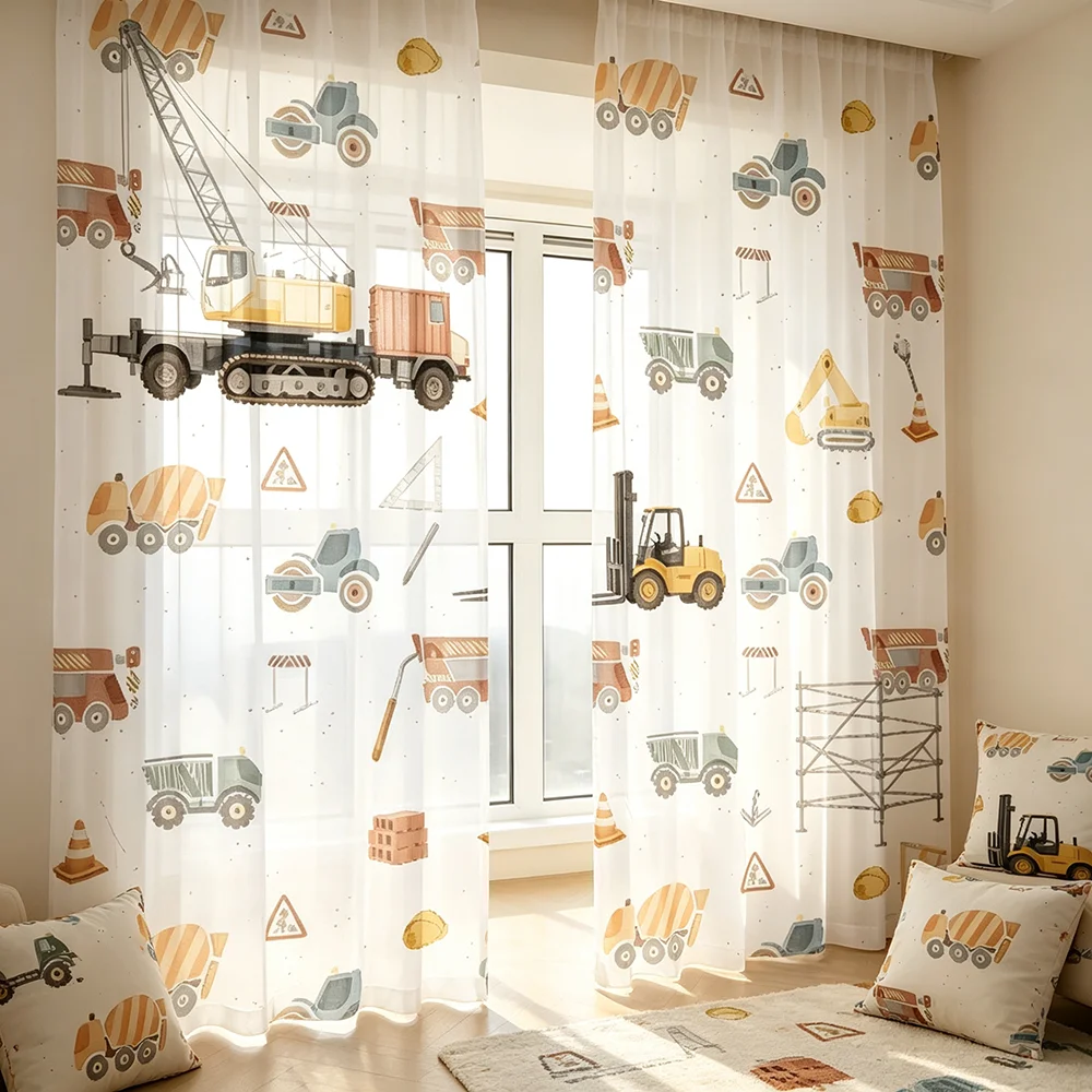 2PCS Construction Print Sheer Curtains, Cartoon Style, Kids Bedroom Room Window Drapes, Rod Pocket Polyester, Home Decor