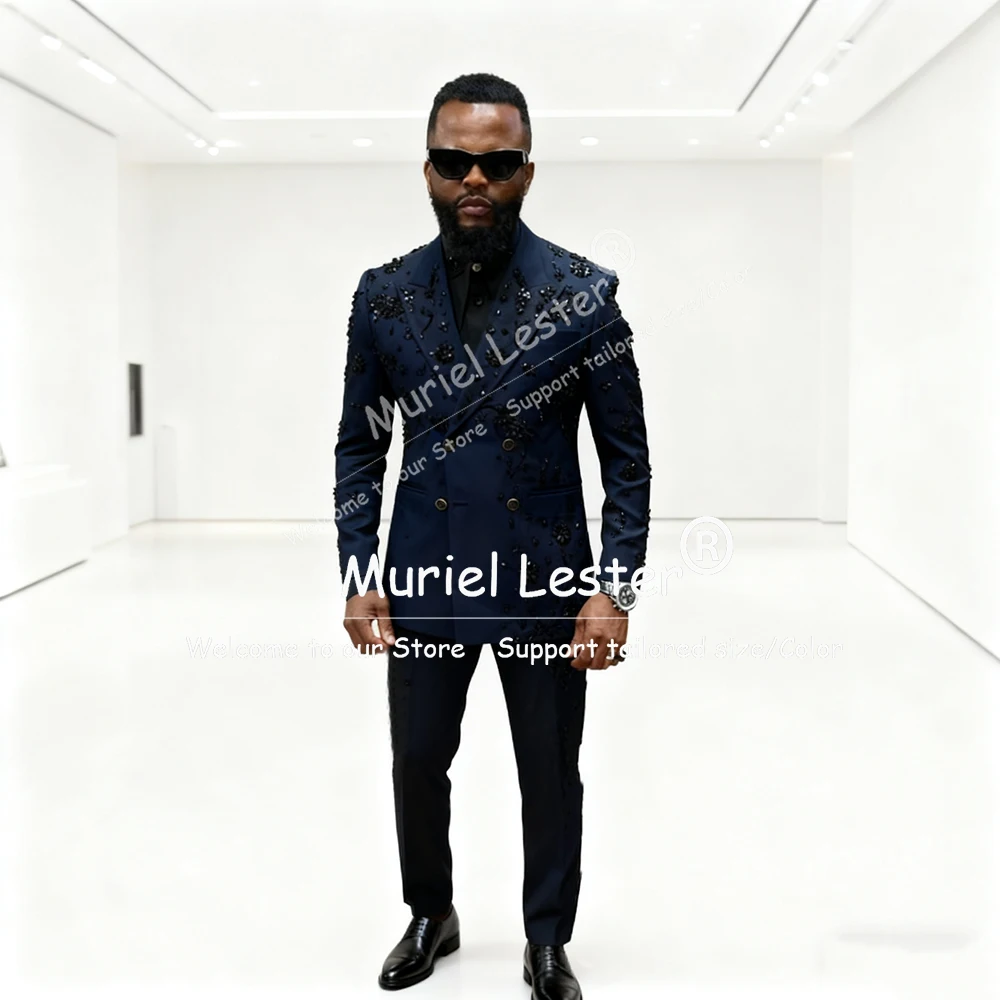 

Brilliant Jewelry Stones Suit Attire For Men Double Breasted Jacket Pants 2 Piece Man Business Blazer Customized Groom Tuxedos