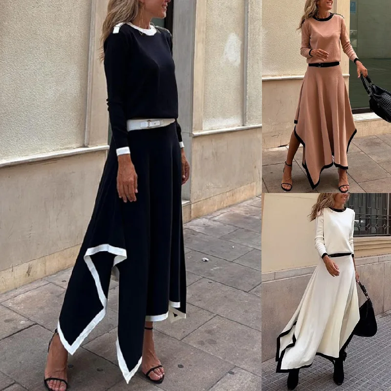 캐주얼 셔츠 맥시 스커트 투피스 세트, 여성 봄 가을 솔리드 패치워크 우아한 의상, 2025 오피스룩 긴팔 슈트