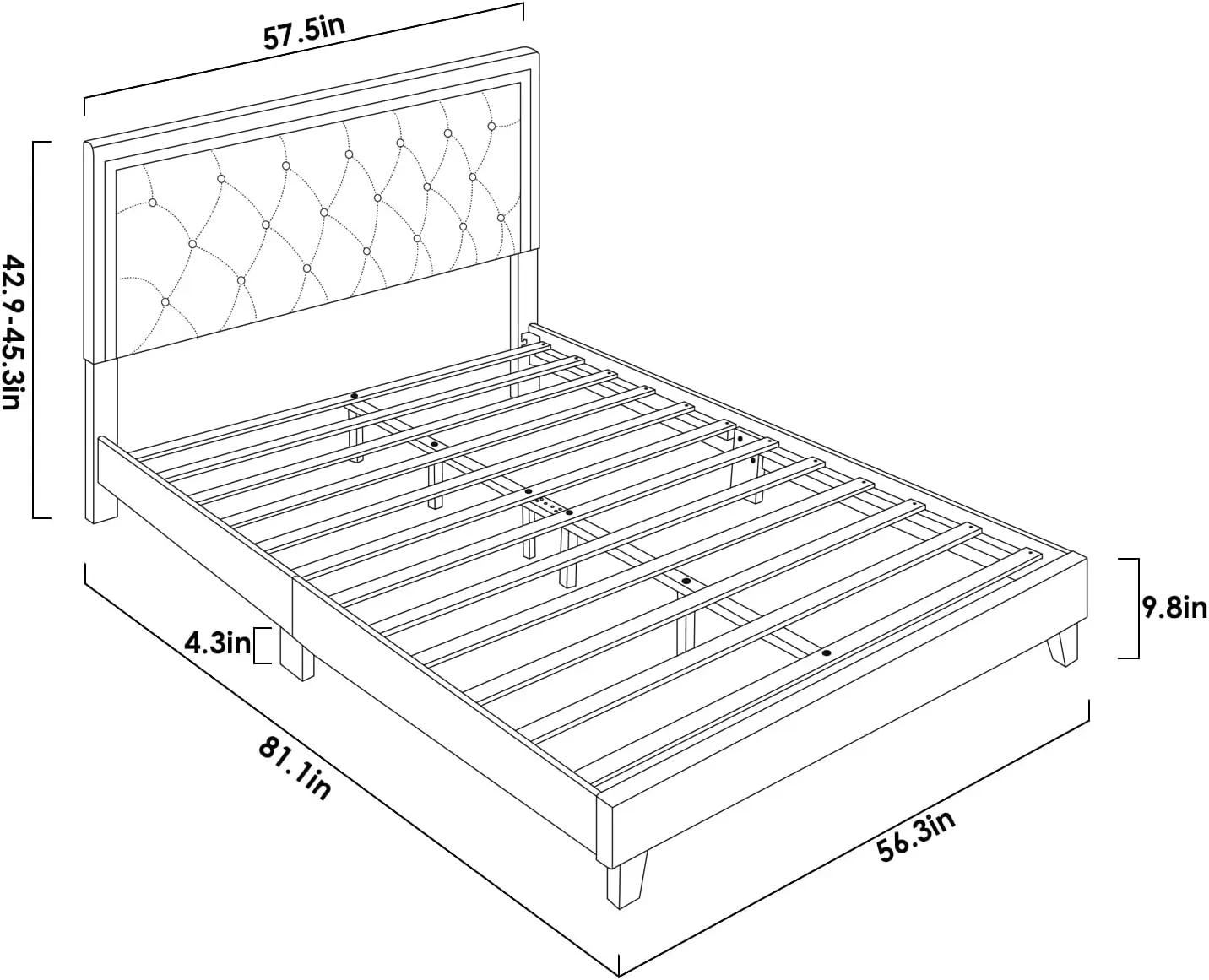 Full Bed Frame, Upholstered Platform Bed Frame with Modern Adjustable Headboard, Diamond Tufted Mattress Foundation with Wooden