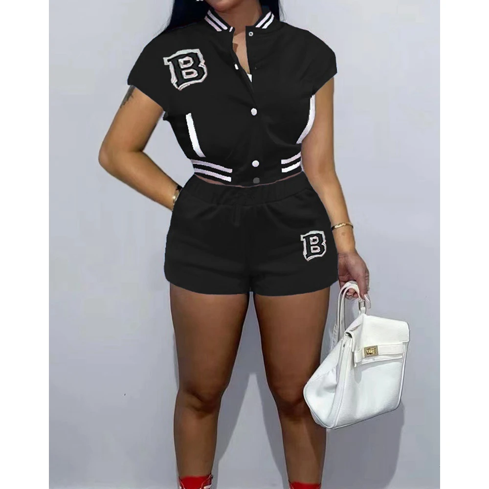 Women Letter Striped Buttoned Short Sleeve Top & Drawstring Shorts Set Female Summer Two Pieces Sets Sporty Baseball Outfits