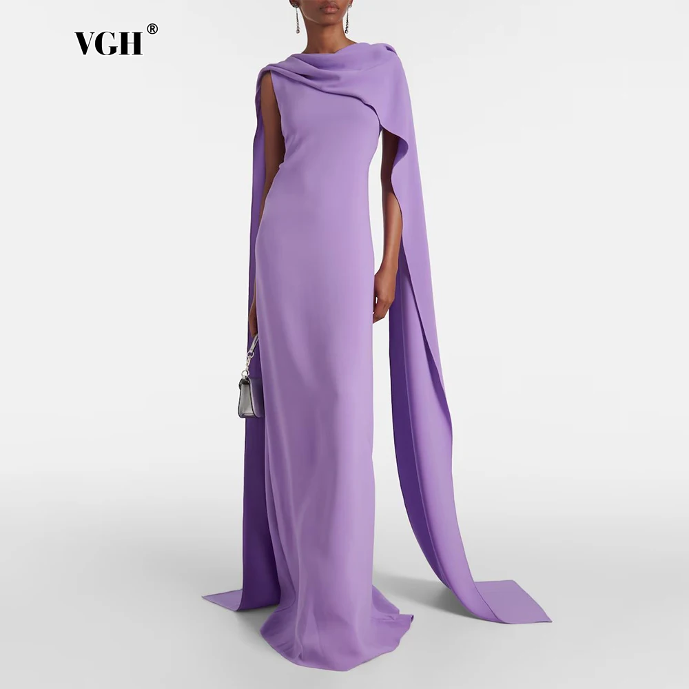 

VGH Solid Luxury Evening Spliced Shawl Dresses for Women O Neck Sleeveless High Waist Floor Length Solid Dress Female Clothing
