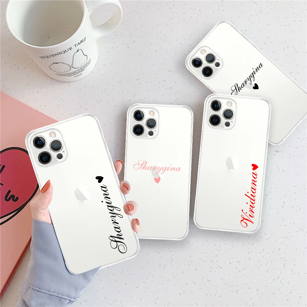 para iPhone 13 12 11 7 8 Plus X XS XR caso personalizado nome personalizado com coração transparente TPU capa macia para iPhone 11