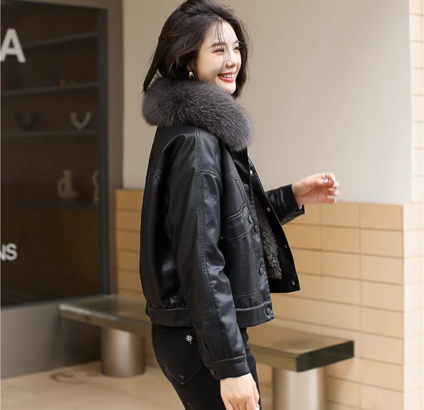 여성용 캐주얼 따뜻한 패치워크 가죽 재킷, 라펠 긴팔 포켓 짧은 코트, 빈티지 스트리트 웨어, 겨울 신상 패션