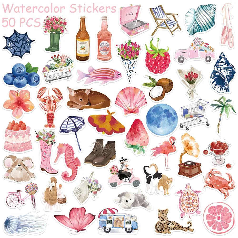 50/100pcs Watercolor Dairy Stickers Decals For Phone Laptop Scrapbook Luggage Helmet DIY Graffiti Aesthetic Stickers Gifts image 2