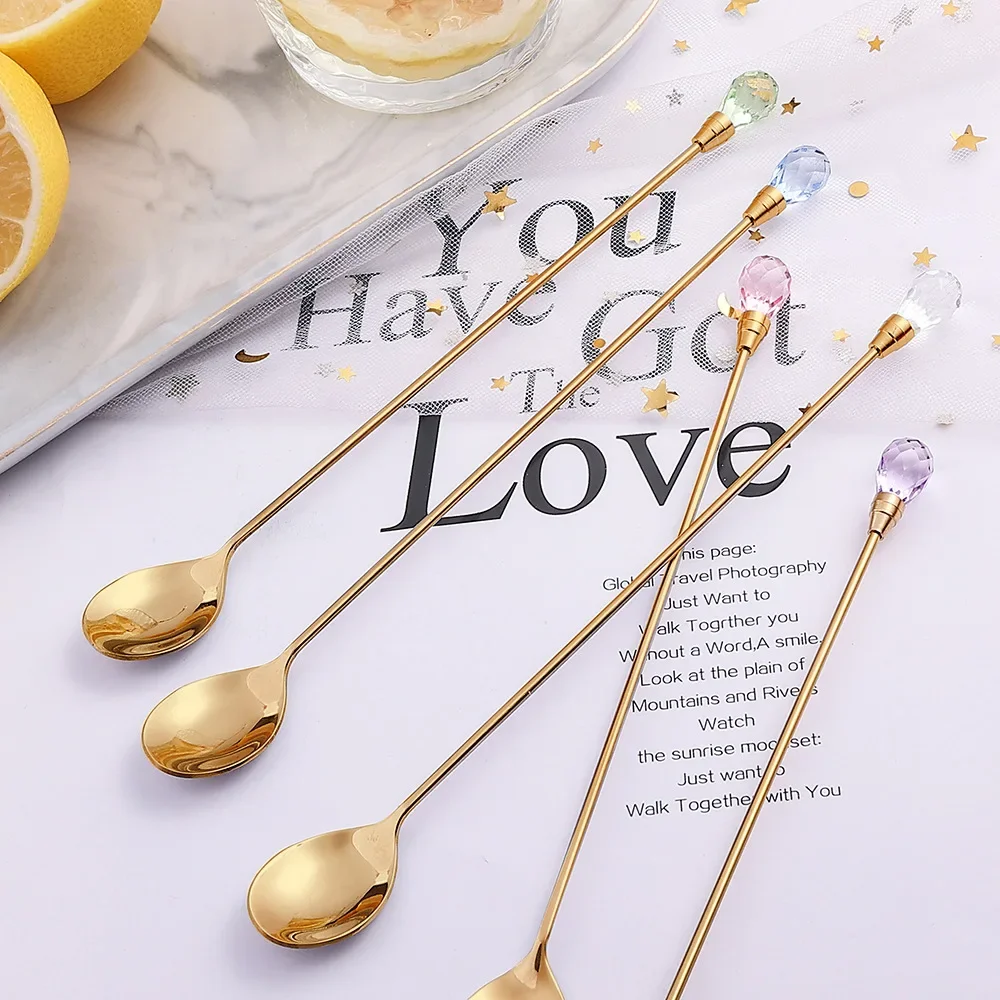 

Wholesale 4pcs Diamond Ice Spoon Stainless Steel Long Stirring Spoon Crystal Teaspoon for Ice Cream Dessert Coffee Cocktail Mug