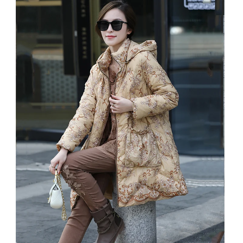 White duck down down jacket, autumn and winter new high-end, luxurious, embroidered, fashionable mid length warm jacket