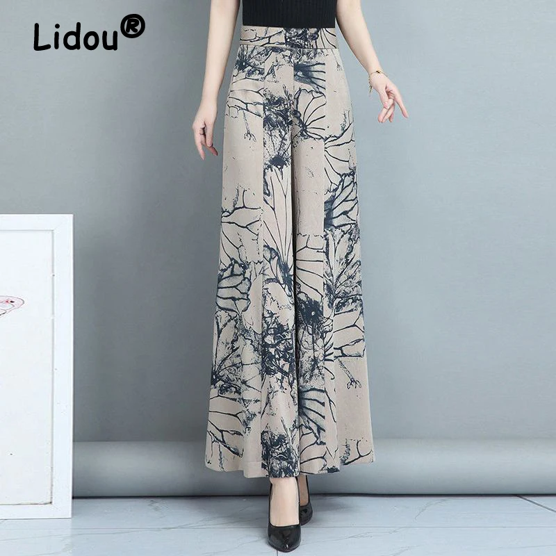 2023 Summer Women Clothes Elegant Vintage Floral Print High Waist Wide Leg Pants Korean Fashion Thin Cropped Trousers Pantalones