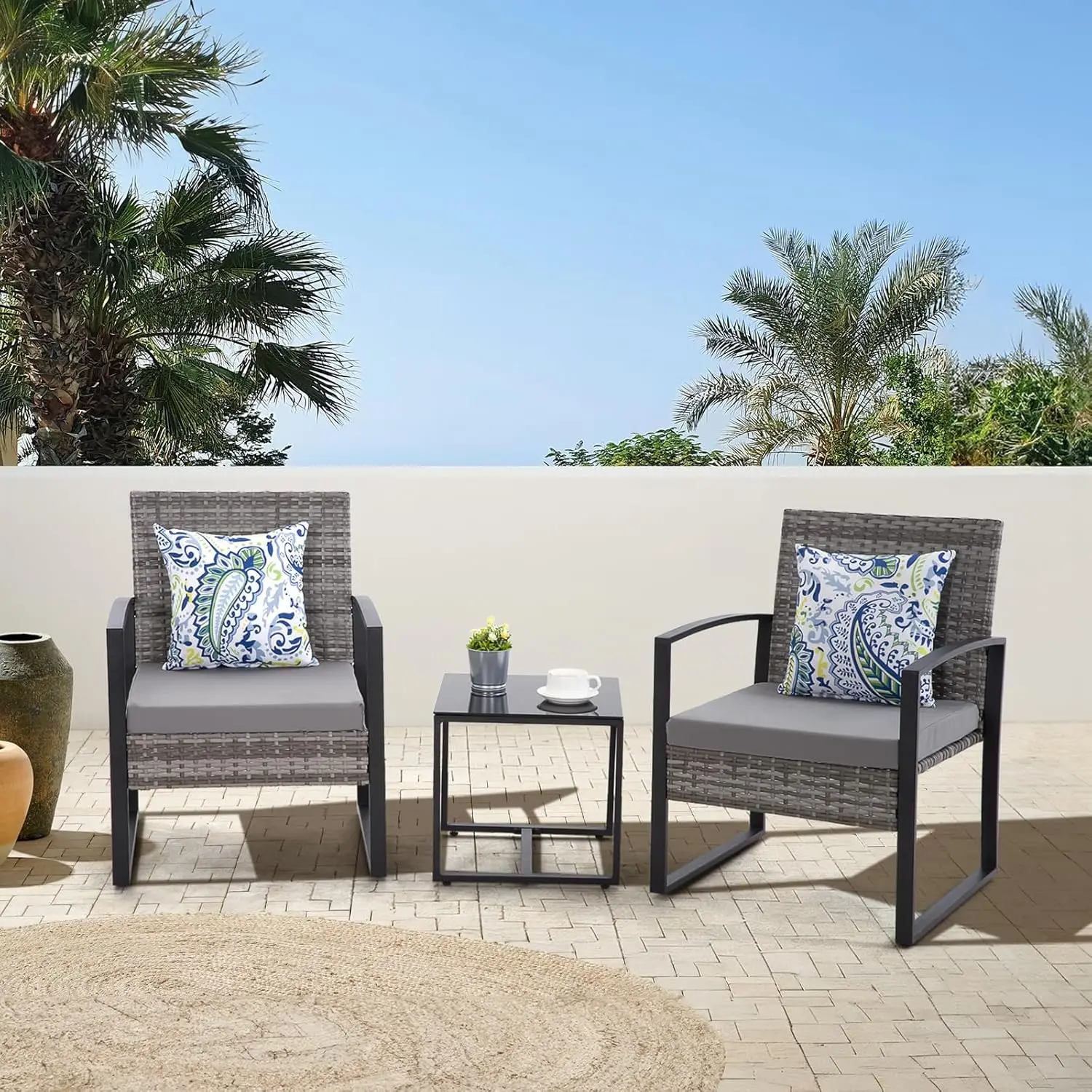 HYDRAGARDEN 3PCS Patio Furniture Set, Outdoor Wicker Bistro Conversation Set with Padded Cushions & Glass Table