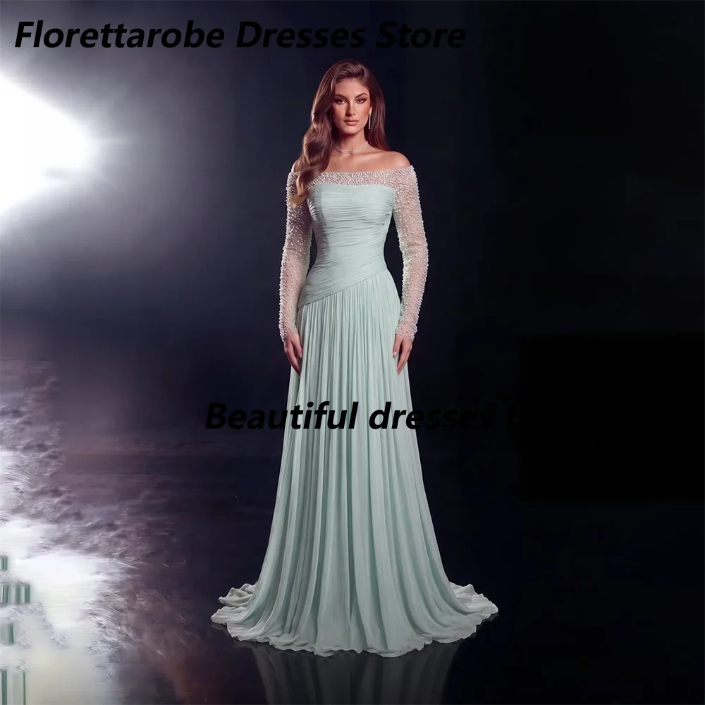 Luxuriöses, schulterfreies Abendkleid mit Perlen, maßgeschneidert, U-Boot-Ausschnitt, lange Ärmel, plissiertes Chiffon, langes A-Linien-Kleid für formelle Anlässe.