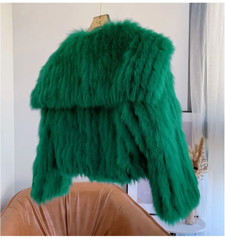 Imitation Fur Short Coat Woven Rex Rabbit Fur Green Long Hair Lapel Winter Coat