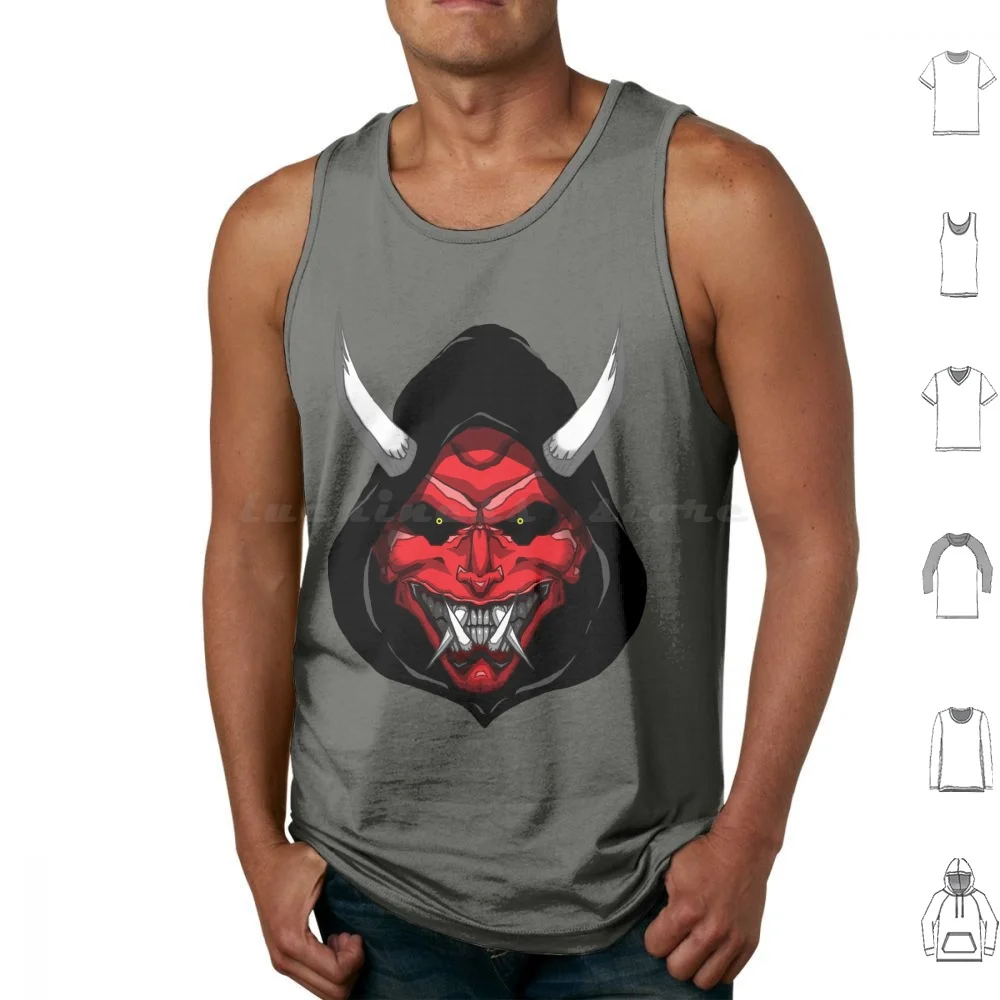 Camisetas sin mangas con máscara de Oni japonés, camisetas sin mangas de algodón con estampado de Oni japonés, cuernos de miedo malvados, espíritu de demonio, Halloween, Nioh, asesino, Joker