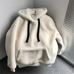 Y2k Lambswool Women Winter Hoodie Solid Color Hooded Long Sleeves Patch Pocket Warm Plush Pullover Casual Autumn Hoodies Худи