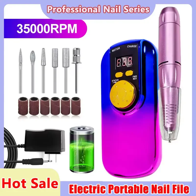 

Портативная электрическая дрель для ногтей, 35000 об/мин, с ЖК-дисплеем, перезаряжаемая для акрилового геля, профессиональные маникюрные инструменты