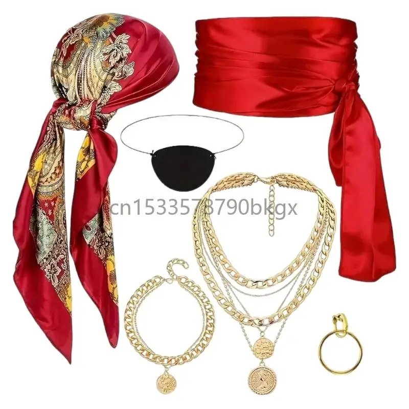 

Complete Pirate Role Play Accessories Set Bandana Belt Necklace Bracelet J78E