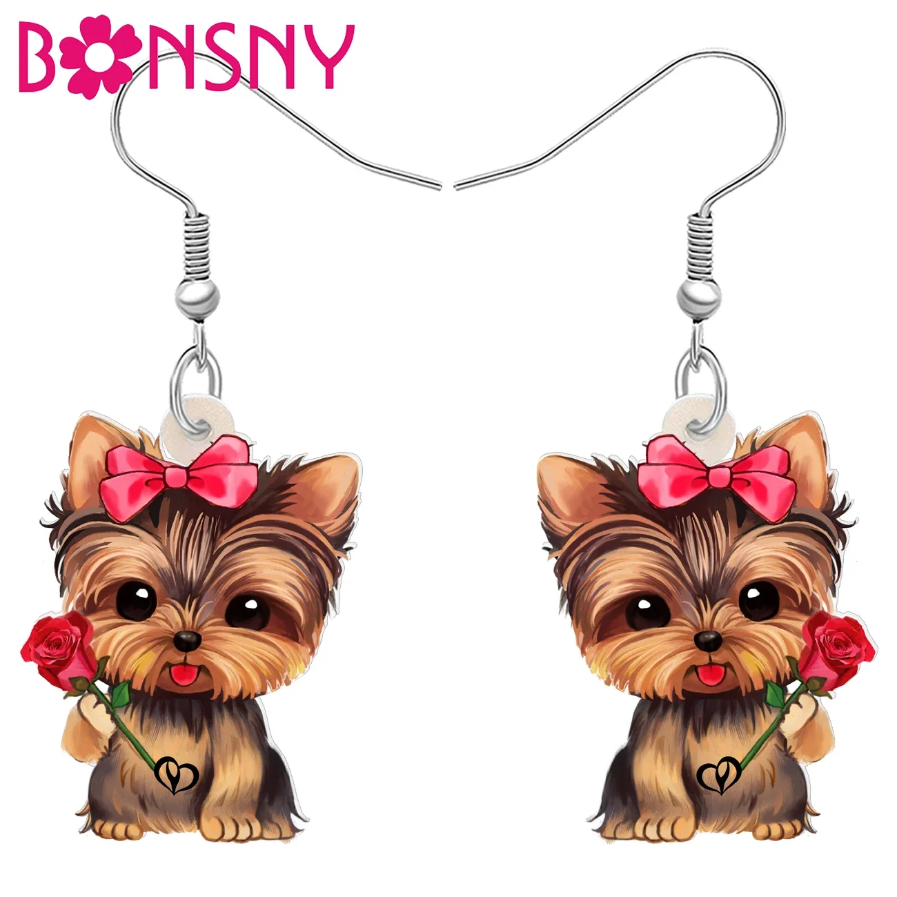 BONSNY Acrylic Cute Yorkshire Dog Puppy Earrings Jewelry For Women Girls Charms Drop Dangle Dog Valentine\'s Day Gifts