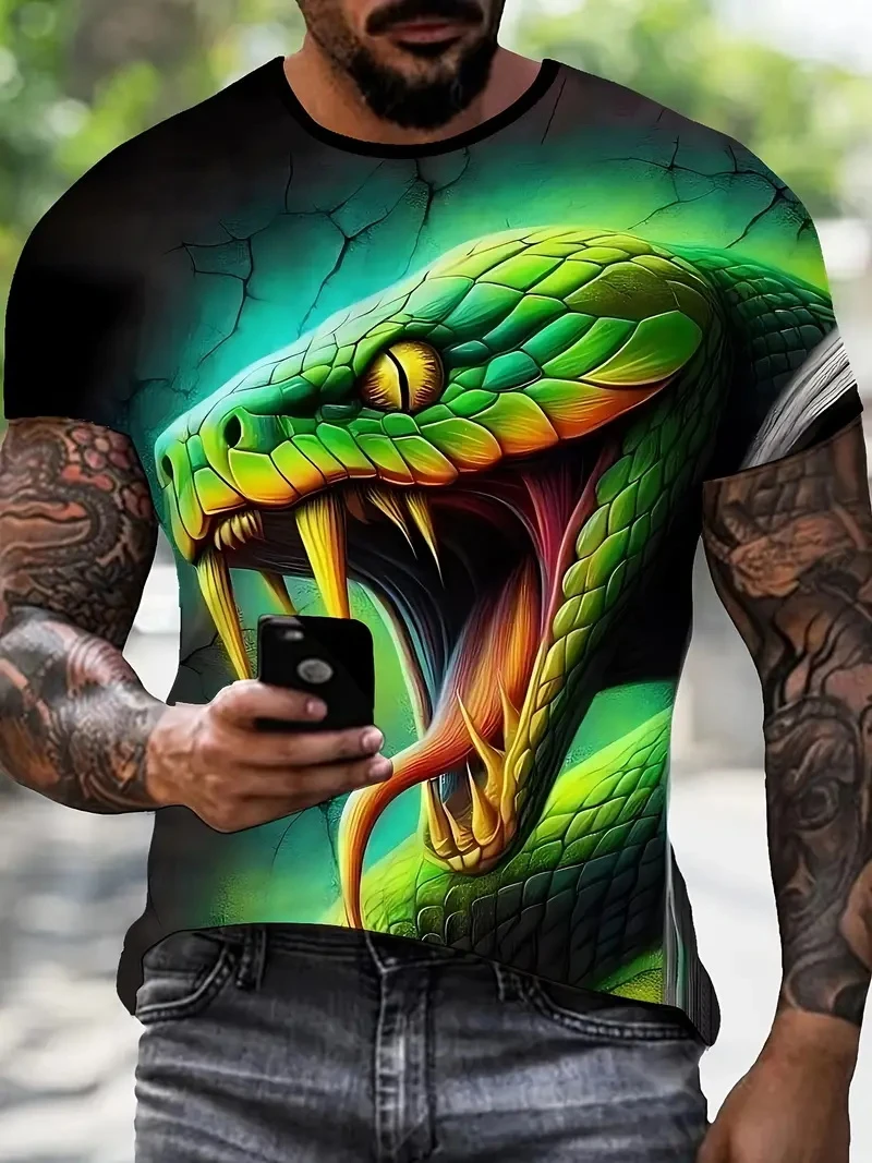 Men T-shirt 3D Print Snake Graphic T-shirt Men Fashion Summer Casual Daily Streetwear O Neck Short-sleeve T-shirt Scale Men Tees