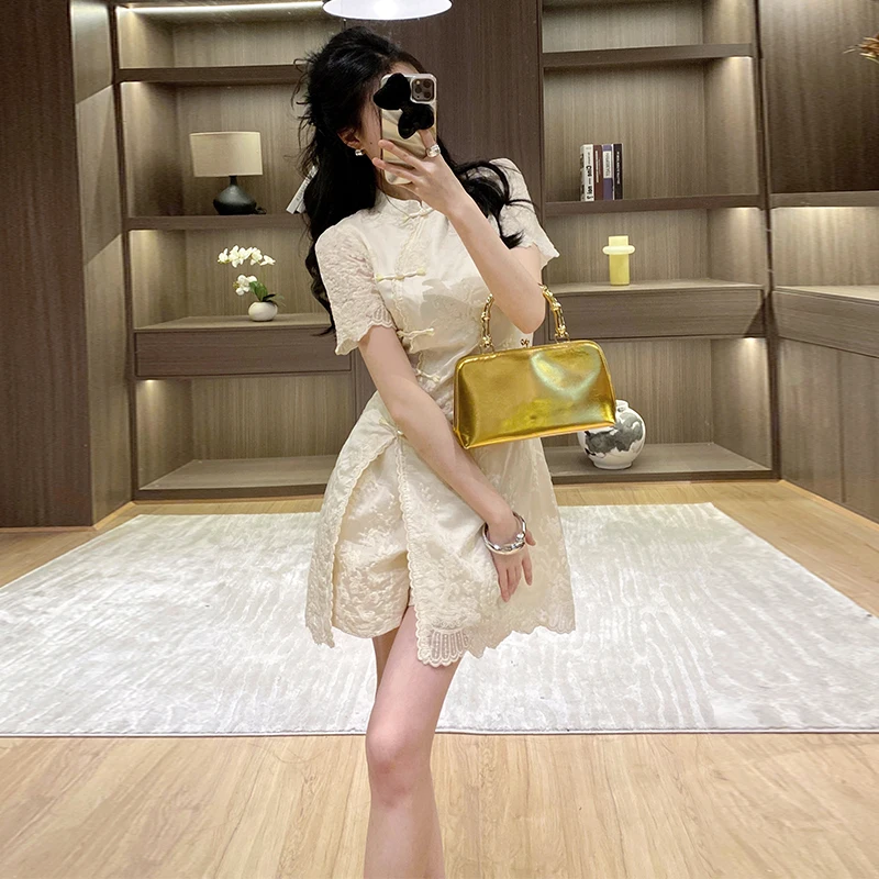 New Chinese Style Lace Qipao Set, Fashionable 2-Piece Cheongsam Top and Shorts, Slim Fit Short Sleeve Dress Outfit
