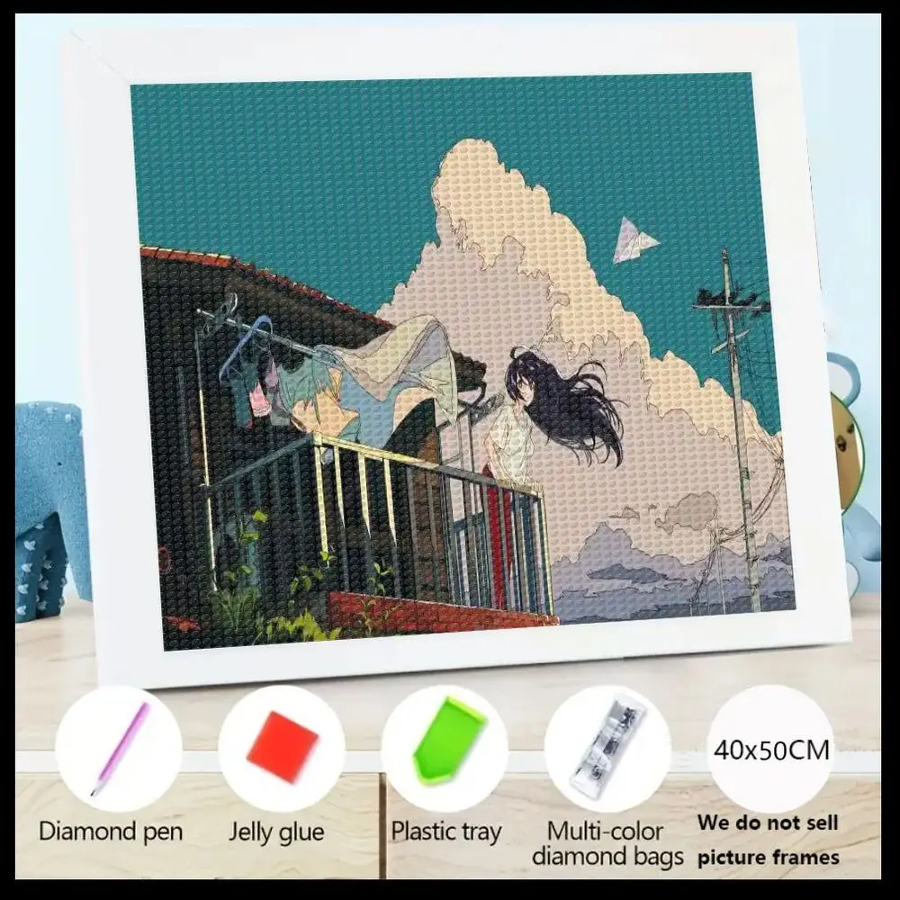 

Набор для алмазной вышивки 5D DIY: Аниме-девушка на балконе с облаками и бумажным самолетом, 40x50 см, круглые стразы, полная выкладка