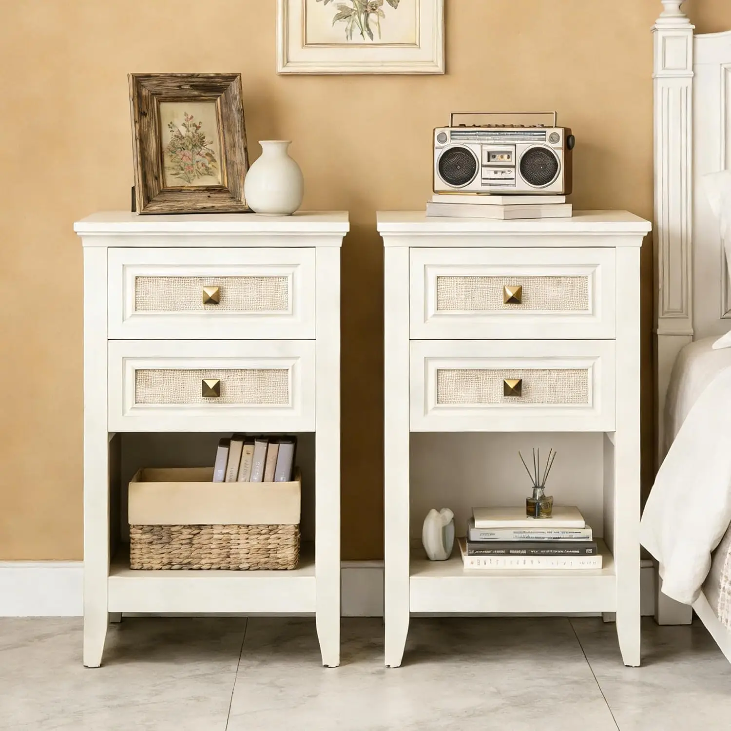 Rattan Nightstand Set of 2 for Bedroom, Boho Bedside Table with 2 Drawers, Accent End Tables with Open Storage, Customized