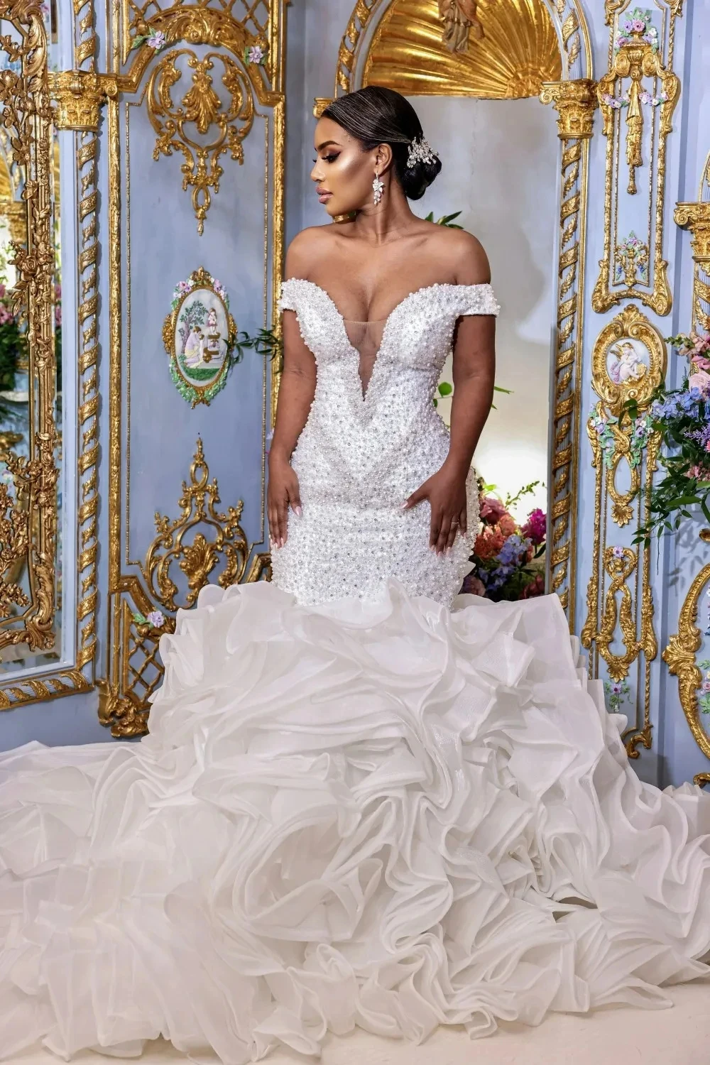 Customized Off the Shoulder Spark Beads Crystals  Mermaid Wedding Dress Organza Cascading Ruffles Arabic Aso Ebi  Bridal Gowns