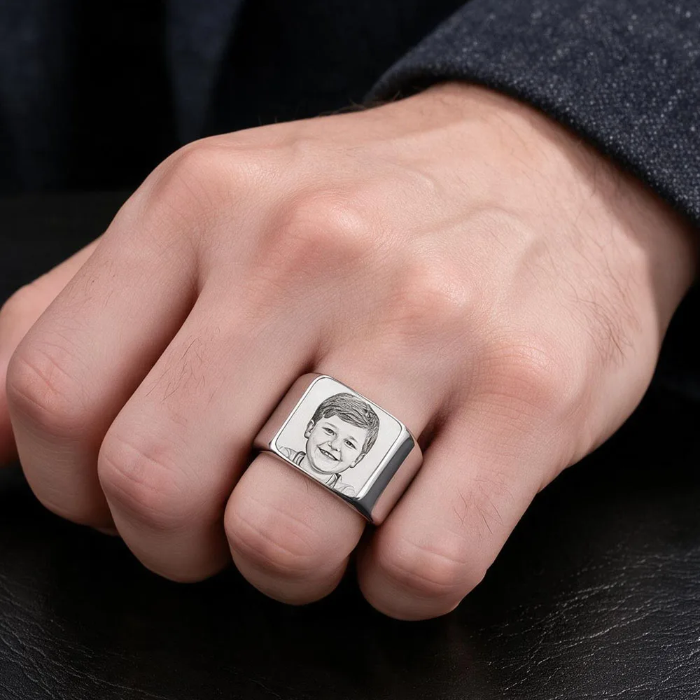 Personalized With Photo Ring Custom Portrait Stainless Steel Ring For Men Birthday Jewelry Gift For Husband Memorial Gift view 6