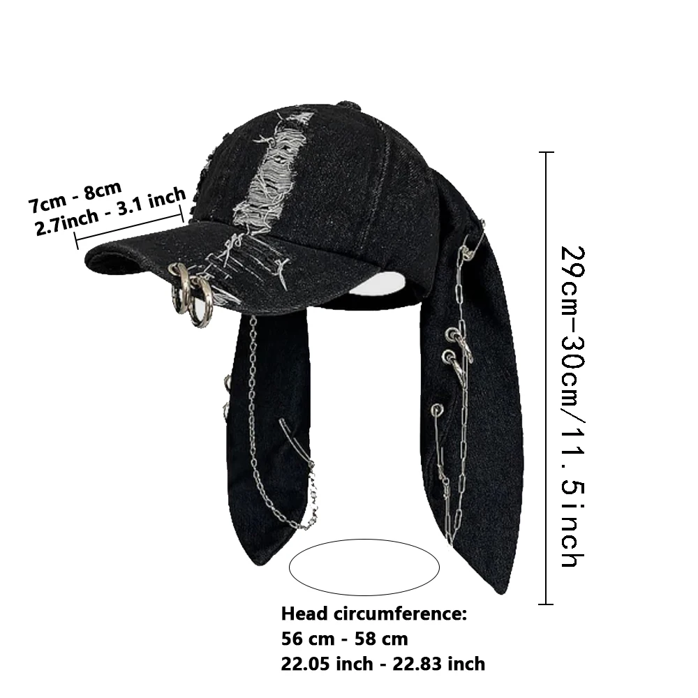 Konijnenoren Hoed Kostuums Y2k Denim Gescheurde Baseball Cap Mannen Vrouwen Donkere Stijl Metalen Ring Straat Trend Verstelbare Cosplay Hoed