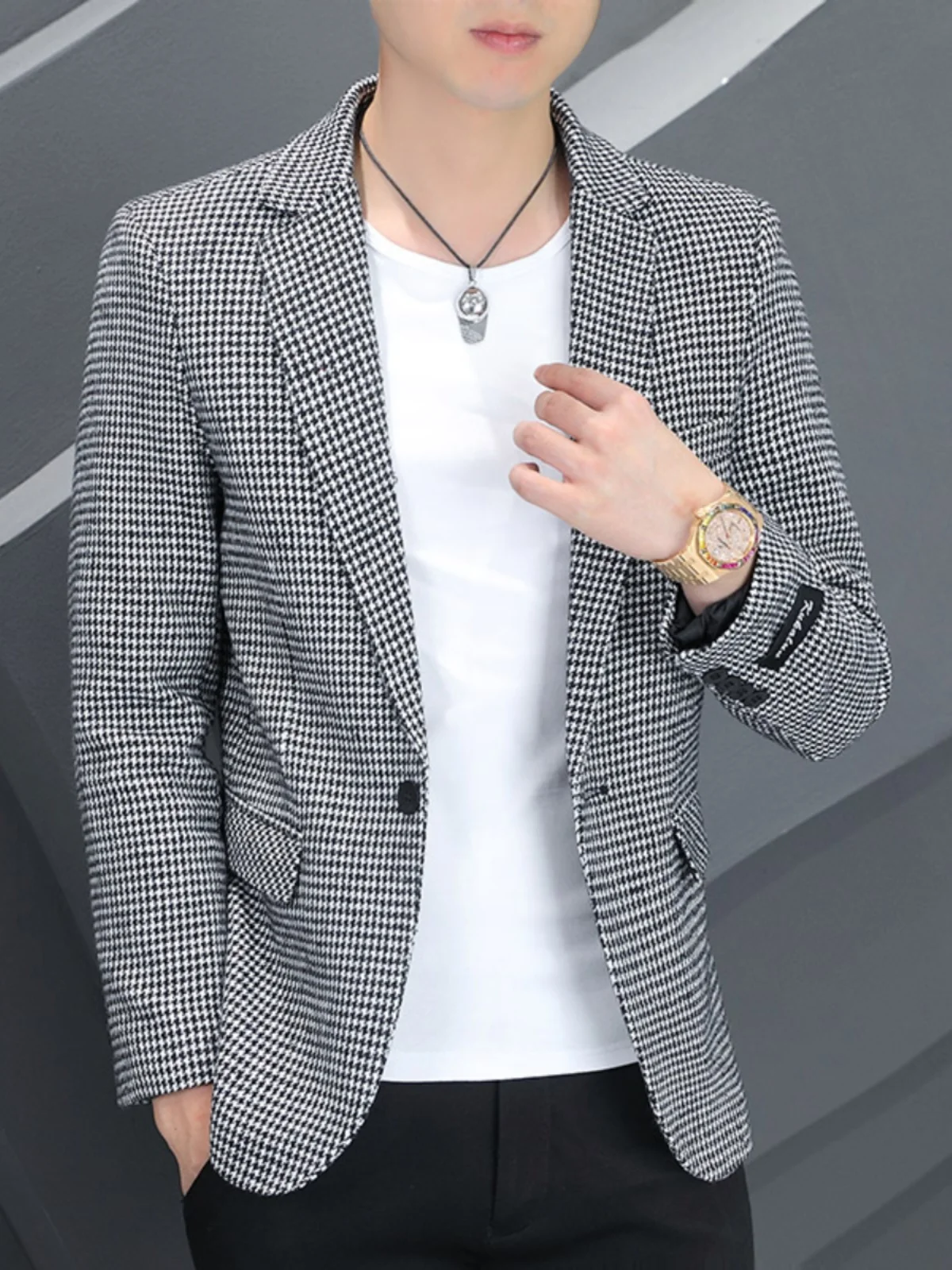 

Модная мужская клетчатая куртка-жакет на осень-зиму, повседневная, деловая, для отдыха, приталенного кроя, из полиэфирного волокна