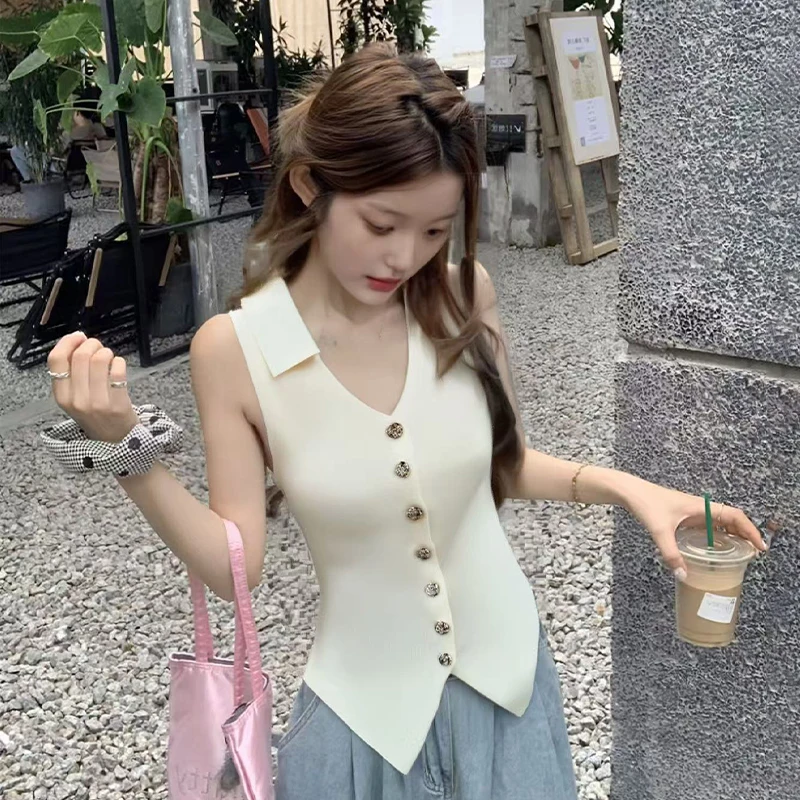 Women Lapel Rose Buttons Solid Color Sleeveless V-neck Casual Chic All-match Tops