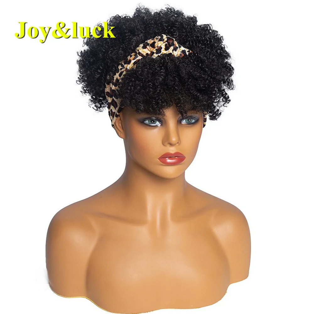 Synthetic Black Headband Wig Short Brown Linen Afro Kinky Curly Wigs With Bangs For Women Daily Use Hair