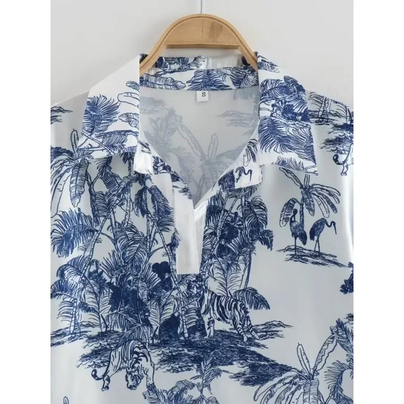 بدلات مكتبية من قطعتين للسيدات ، قميص مطبوع بطية صدر ، أطقم سراويل فضفاضة ، توب بأكمام طويلة ، بنطال بساق واسعة ، موضة أنيقة ، كاجوال ،