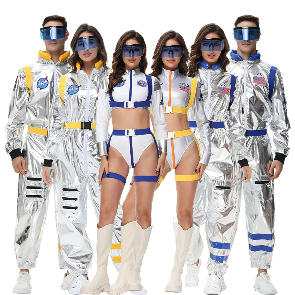 

Men Women Spaceman Suit Space Jumpsuit Adult Silver Astronaut Costume Halloween Cosplay Party Dress Up