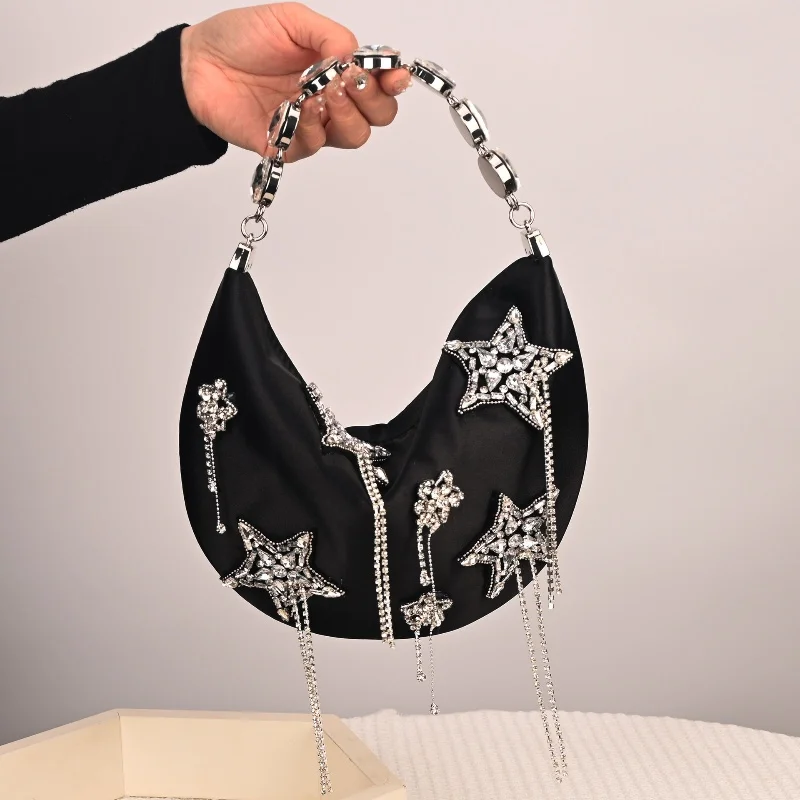

Luxury Silk Satin Shiny Diamond Tassel Evening Bag Women's Fashionable Star Rhinestone Half-moon Underarm Shoulder Bags Handbags