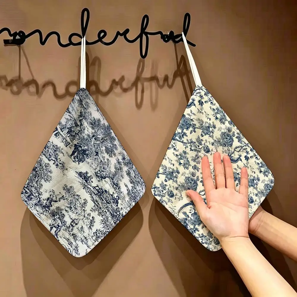 

Custom Navy Blue Toile De Jouy Thickened Polyester Cotton Hanging Towel, High Absorbent Hand Wiping Towel for Indoor Use
