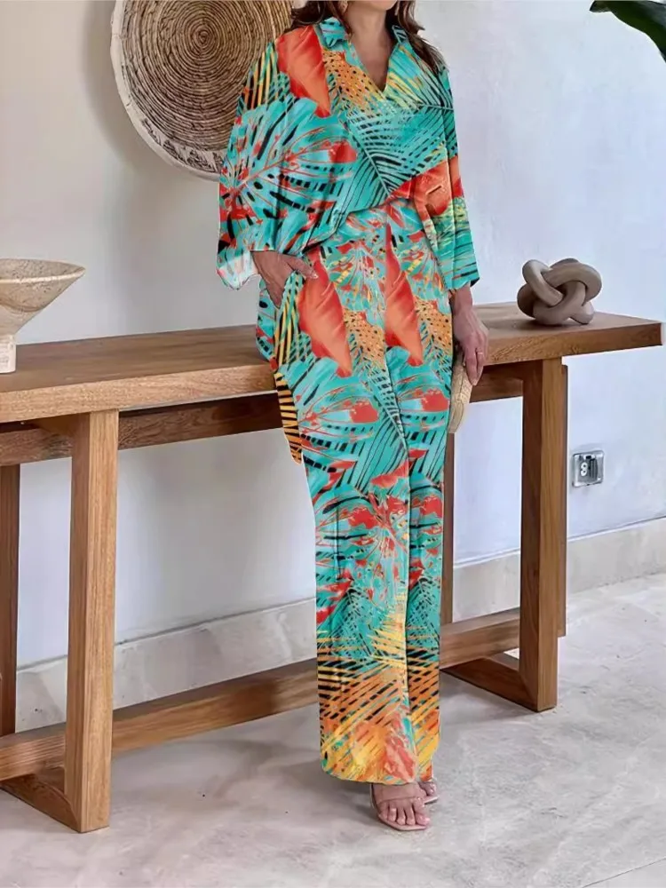 Fashion Print Pants Sets Women Bat Sleeve Lapel T Shirt Wide Legs Trousers Two Piece Set Female Casual Vacation Style Suit New