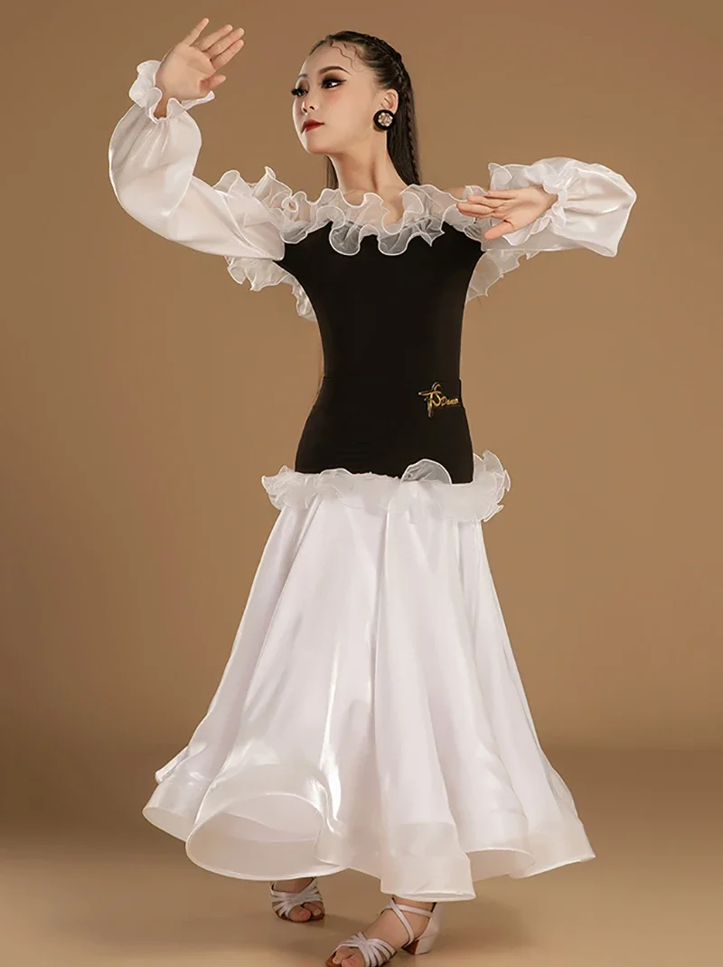 หญิง Stringy ตาข่ายโมเดิร์นเต้นรํา Waltz Art Exam ชุดห้องบอลรูมการแข่งขันการฝึกอบรมชุดมาตรฐานแห่งชาติ Dancewear เครื่องแต่งกาย