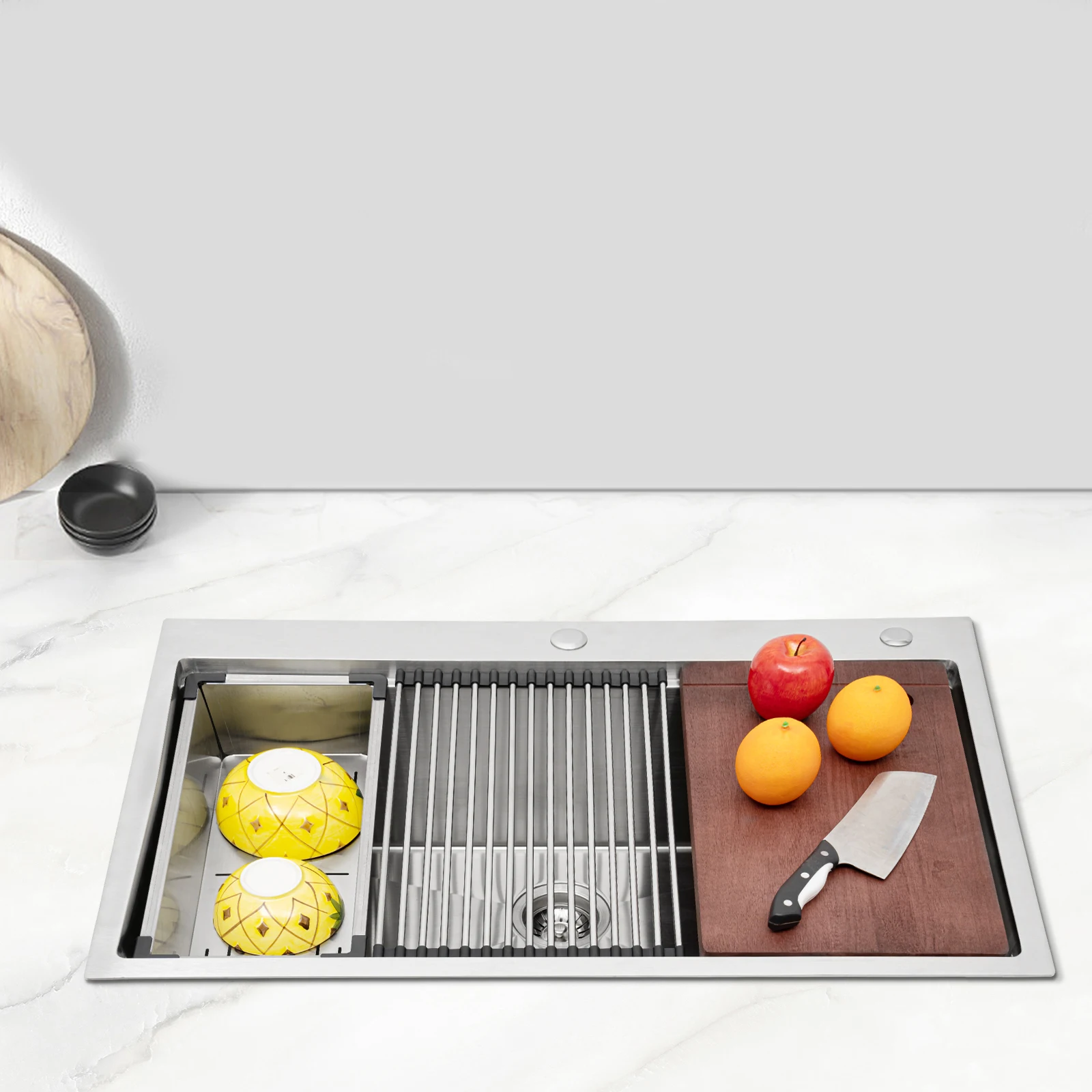 33 Inch Kitchen Sink w/ Cutting Board Colander & Rack  9" Deep Anti-Splash Noise Reduction Drop-In Sink EU/US Fit