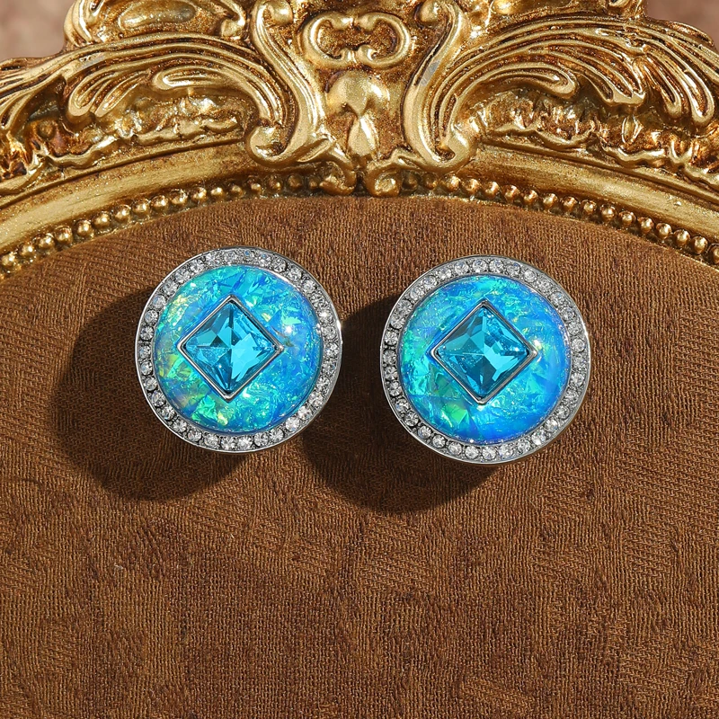 

Vintage Opal Blue Round Stud Earrings Women Silver Color Inlay Crystal Jewelry 2026 Anniversary Gifts For Girlfriend New Trends
