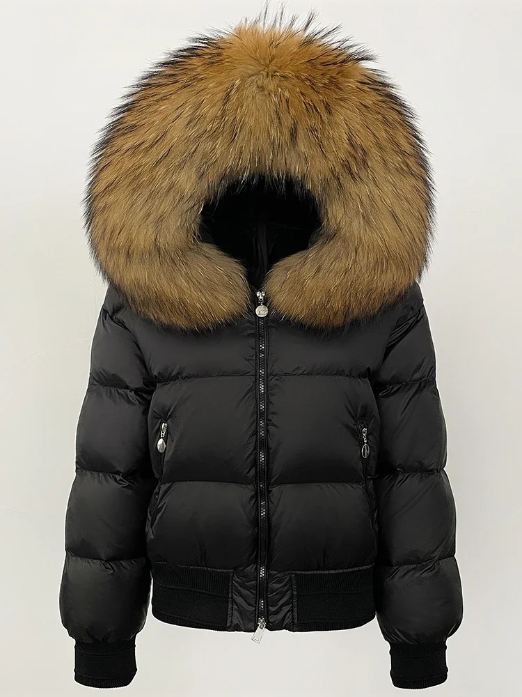 

Women New Winter Knit Cuff Real Fur Collar White Duck Down Coat Big Natural Raccoon Fur Fluffy Puffer Jacket Top Clothes