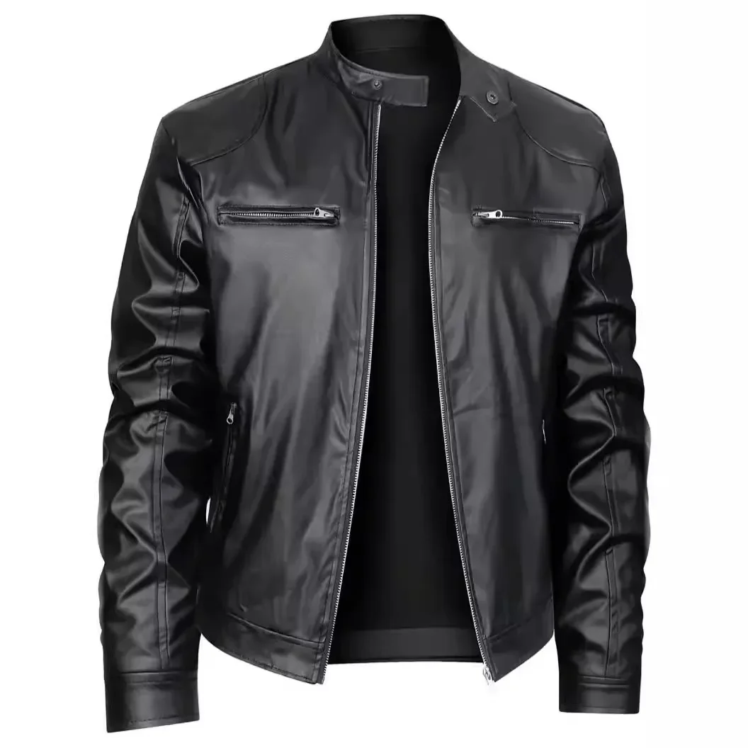 Mens High-quality Locomotive Leather Jacket Fashion Stand-up Collar Punk Leather Jacket Men