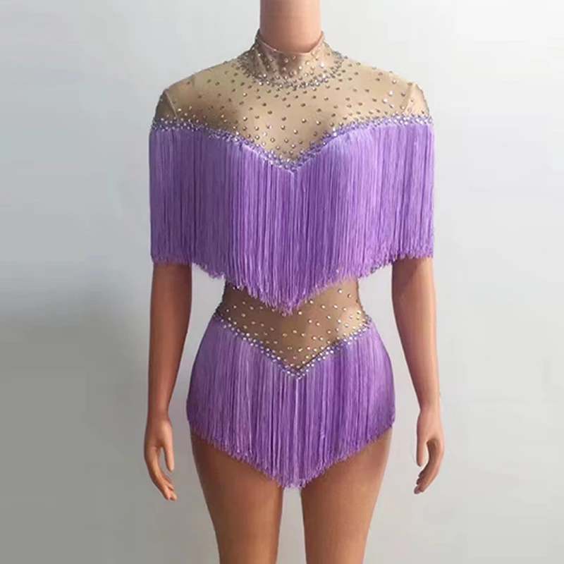 Mehrfarbiger Strass-Fransen-Overall, Sänger, Tänzer, Bühnenkostüm, Drag Queen, Stretch-Body, Nachtclub, Bar, Rave-Outfit yj004