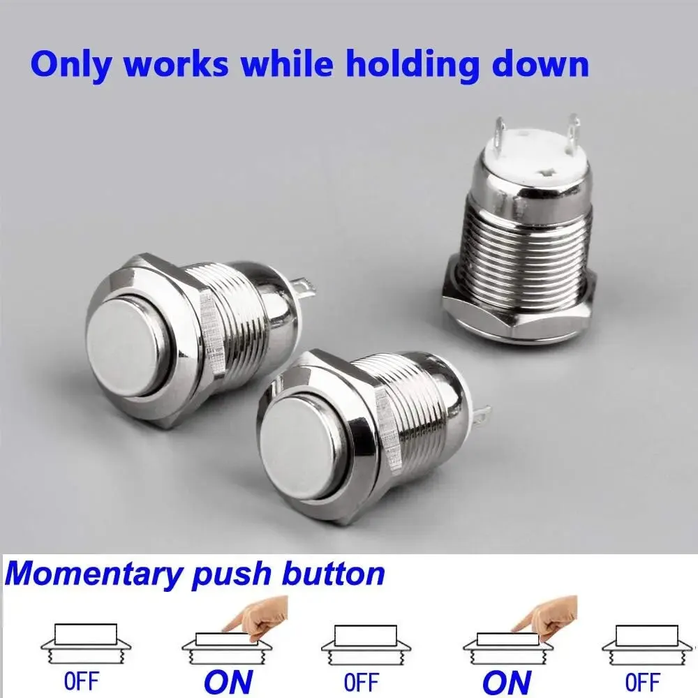 6pcs 12mm Momentary Push Button Switch 12V Waterproof Power Pushbutton Small Round Chrome Stainless Metal 2pin N/O