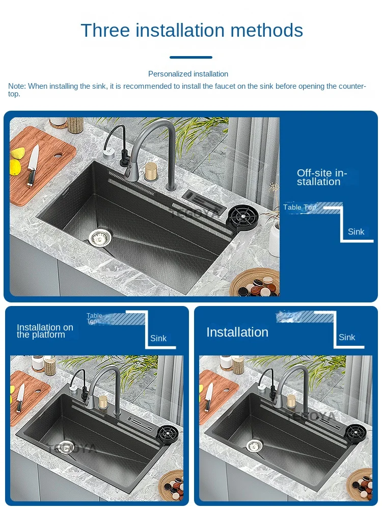 New Product Waterfall Large Single Trough Black 304 Stainless Steel Sink Kitchen Household Sink Dish Basin Under The Table