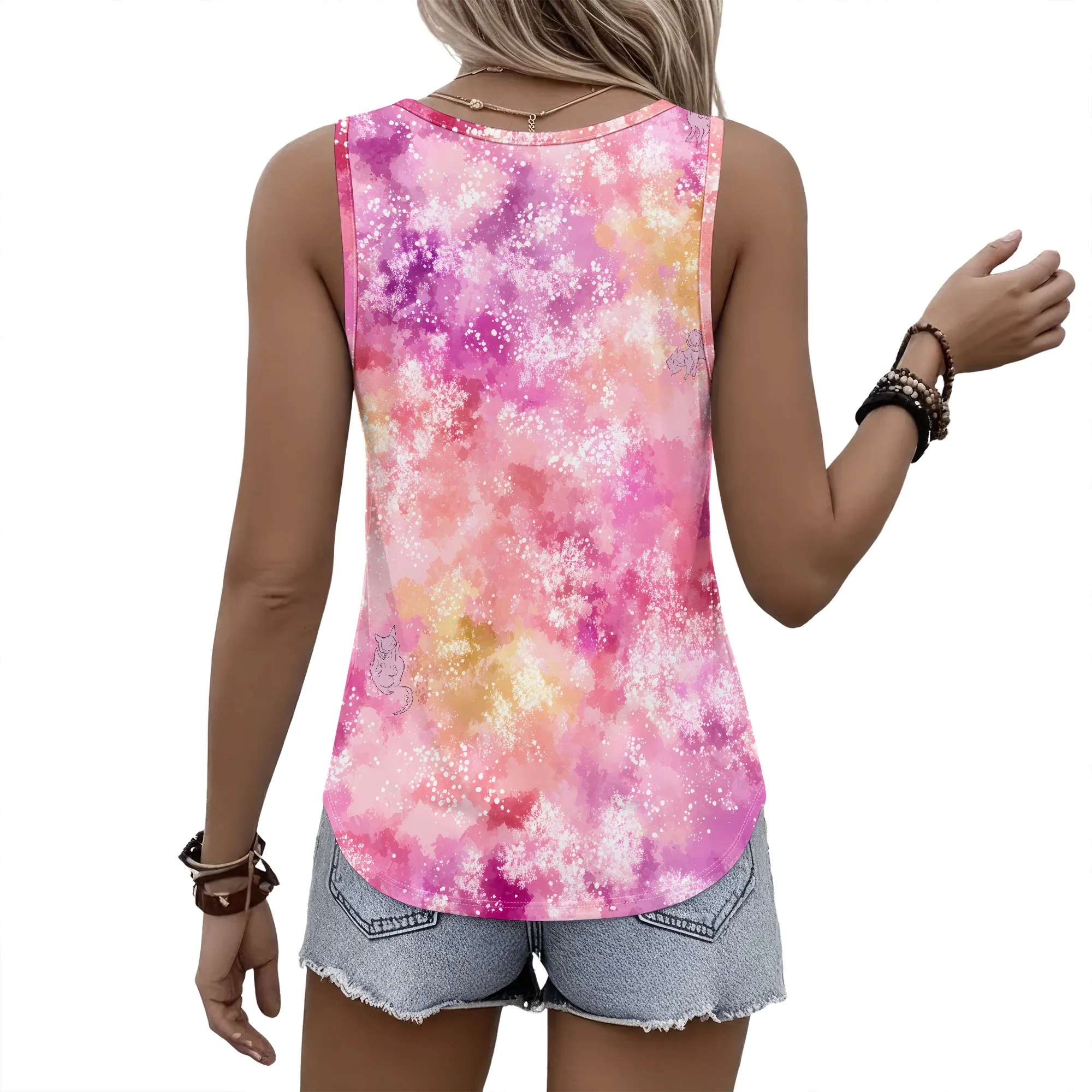 Pink Watercolor Tank Top, Galaxy Print Sleeveless Shirt, Abstract Art Blouse, Summer Beach Wear, Casual Vacation Tee, S-2XL