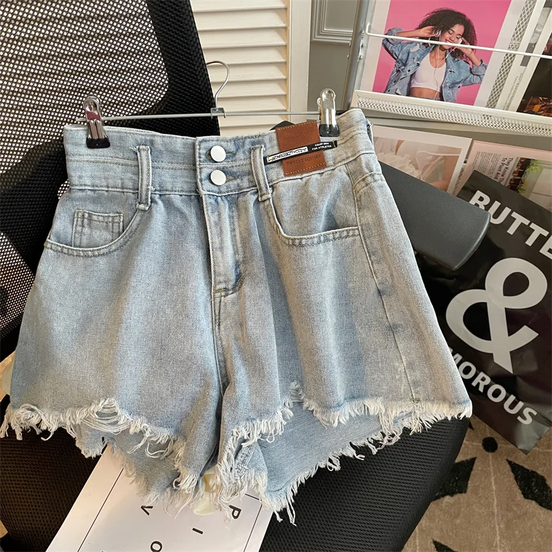 High Waisted Denim Shorts Women's New Summer Hole A-line Hot Short Pants Fashion Raw Edge Wide Leg Shorts Cool Girls Streetwear